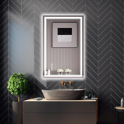 24x36 Inch LED Bathroom Mirror with Frontlit & Backlit（Independent Control）, Lighted Mirror for Bathroom Wall with 3-Color Dimmable & Anti-Fog, Vanity Mirror with Lights