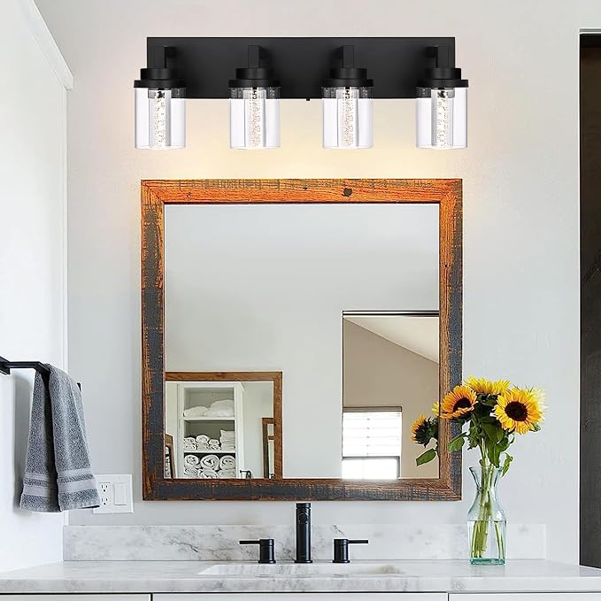 MELUCEE 4-Light Dimmable Black Vanity Lights for Bathroom 3000K-6000K | 5 Color Temperature Bubble Crystal LED Bathroom Lighting Fixtures Over Mirror,LED Wall Sconce with Clear Glass Shade