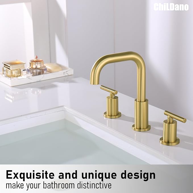 ChiLDano Brushed Gold Bathroom Faucets 3 Hole with Drain and Supply Hose | 2 Handles Brushed Gold Widespread Bathroom Faucet for Sink 3 Hole, 8 inch Bathroom Sink Countertop Faucet Matte Gold CH3166BG