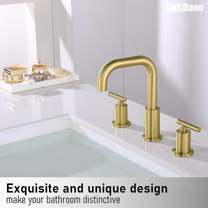 ChiLDano Brushed Gold Bathroom Faucets 3 Hole with Drain and Supply Hose | 2 Handles Brushed Gold Widespread Bathroom Faucet for Sink 3 Hole, 8 inch Bathroom Sink Countertop Faucet Matte Gold CH3166BG