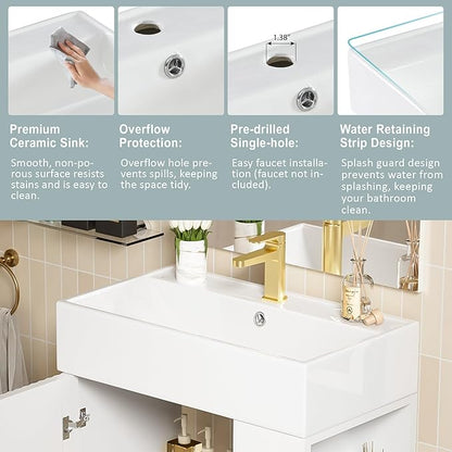 21.6 in Small Bathroom Vanity with Sink,Doors and Storage Shelves,Wood Modern Single Fluted Bathroom Sink Cabinet Freestanding (White,Right Shelf)