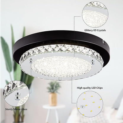 Crystal Flush Mount Ceiling Light Fixture 13 Inch LED Bathroom Ceiling Light Dimmable Black Hallway Light Fixture Round Close to Ceiling Light Small Crystal Chandeliers for Kitchen Launtry 4000K