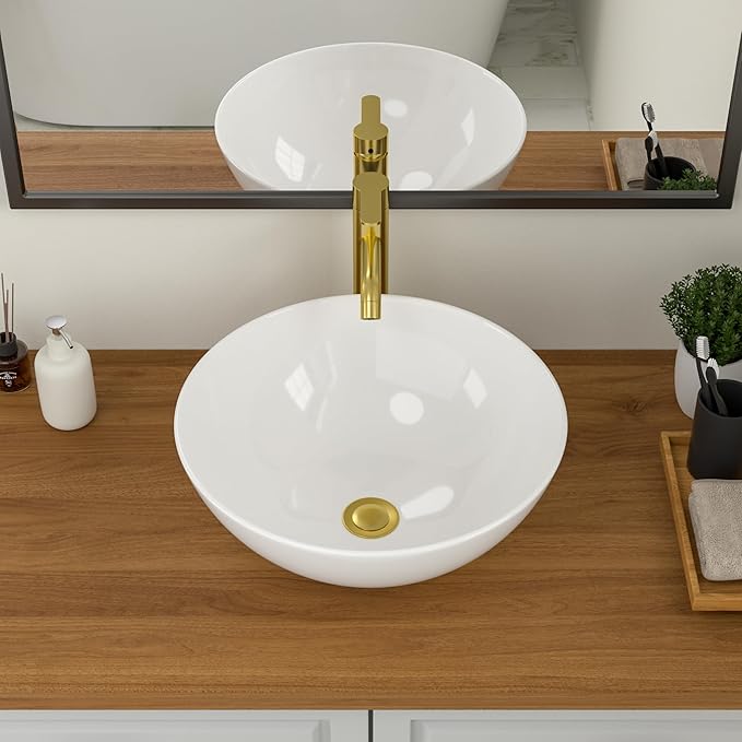 Logmey 16" Round Bathroom Sink 16x16 Small White Vessel Sink Modern Above Counter Porcelain Ceramic Vessel Vanity Sink Bowl for Bathroom