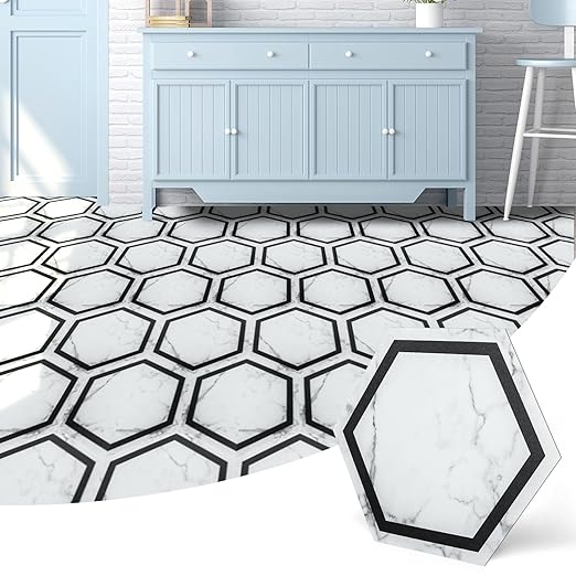 Art3d 10-Pack Hexagon Peel and Stick Flooring Tile Marble Look, Self Adhesive Waterproof Vinyl Floor Tile for Living Room, Kitchen, Bathroom, Bedroom, 11.8" x 10.2" White Marble