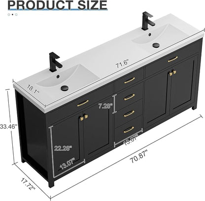 LUCKWIND 72" Modern Bathroom Vanity with Sink Combo, Contemporary Painted Storage Cabinet and Double White Sink, Include Soft-Closing Doors & Matte Black Faucet, Black