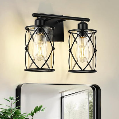 2-Light Black Bathroom Light Fixtures, 13.8 Inch Modern Bathroom Vanity Lighting Fixtures Over Mirror with Clear Glass and Metal Cage Wall Sconce Lights for Bath, E26, CH9176BK-2W