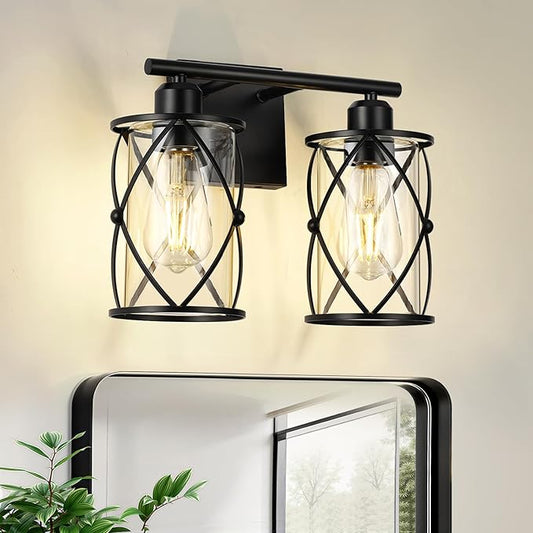 2-Light Black Bathroom Light Fixtures, 13.8 Inch Modern Bathroom Vanity Lighting Fixtures Over Mirror with Clear Glass and Metal Cage Wall Sconce Lights for Bath, E26, CH9176BK-2W