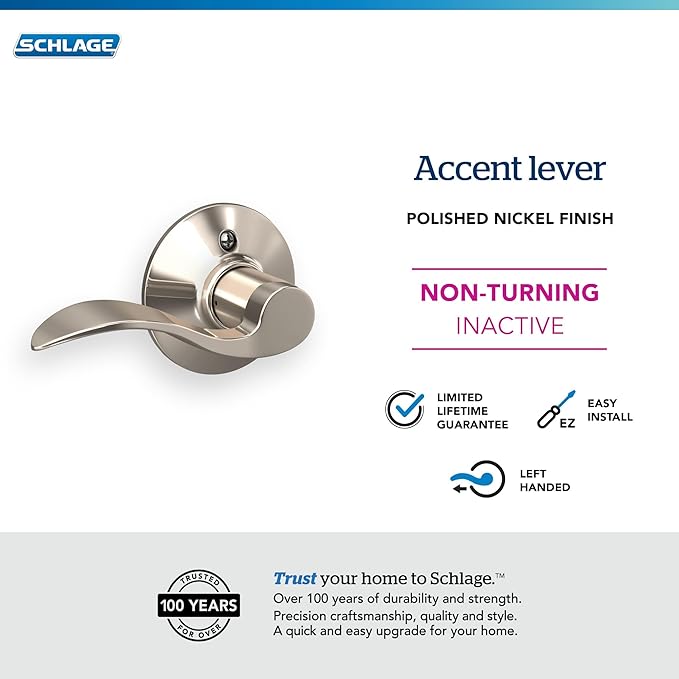 SCHLAGE Accent Lever Non-Turning Lock in Polished Nickel - Left Handed - F170 ACC 618 LH