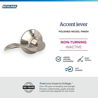 SCHLAGE Accent Lever Non-Turning Lock in Polished Nickel - Left Handed - F170 ACC 618 LH