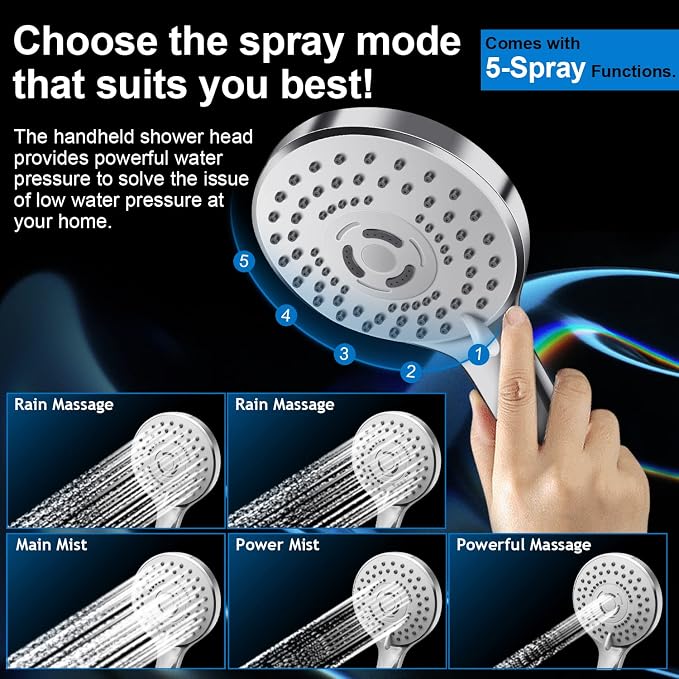 Modern 12" Large Square Rain Showerhead with 5 Modes Handheld Showerhead Combo, Adjustable Arm, Easy Tool-Free Installation