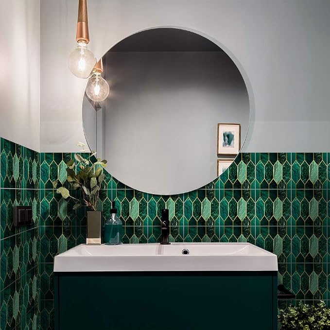 funlife Holographic Emerald Art Deco Peel and Stick Backsplash Self-Adhesive PVC Wall Tiles Easy DIY with Tools for Kitchen Bathroom and Laundry Room 5.9"x5.9"x50-Sheet Hex Emerald
