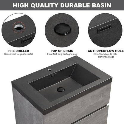 Wall Mounted 30 Inch Bathroom Vanity with Sink, Floating Vanity Bathroom, Single Sink Bathroom Vanity, 2 Drawers, Resin Integrated Sink (Dark Birch)
