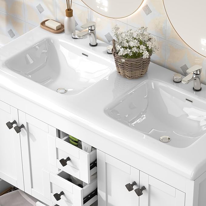 46.7 inch Bathroom Sink Vanity Combo, Large Freestanding Double Bath Vanity Sink Set with 2 Cabinets & 6 Drawers, Dual Basin Modern Bathroom Storage Cabinet, Modern White
