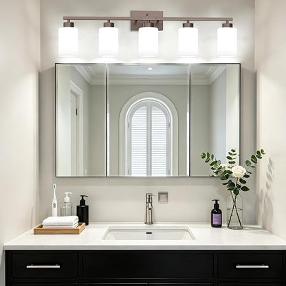 IZORRO Modern Bathroom Light Fixtures, 5 Light Oil-Rubbed Bronze Vanity Lights, Bathroom Lighting Fixtures Over Mirror with White Glass for Living Room Cabinet Bedroom