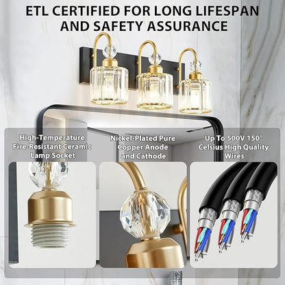 Bathroom Vanity Light Fixtures Over Mirror, Makeup Lighting for Modern Wall, Bath, Desk, Hallway, Farmhouse, 3 Crystal Lights, Black Gold