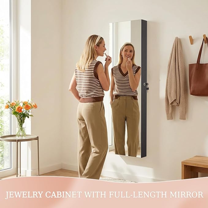 Unisakey Mirror Jewelry Cabinet,Lockable Wall or Door Mounted Jewelry Armoire Organizer With Built-up Mirror,LED Lights, Drawers,Cosmetic Trays,Shelves, 14.4"x3.15"x 43.1"（Black） | Door or Wall Mount Flexible,Drawers Cosmetic Trays Shelves Inside,Built...