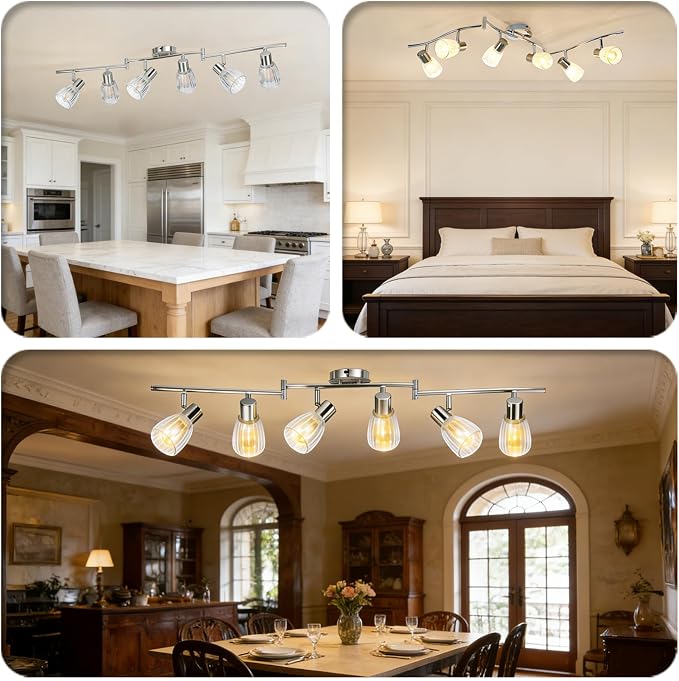 HiBay 6-Light Track Lighting, Flexible Ceiling Light Fixture w/Glass Shade | Modern Chrome Track Spot Lights Indoor for Kitchen, Living Room, Bedroom, Home Office, E12 Base, No Bulbs