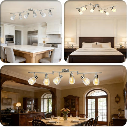 HiBay 6-Light Track Lighting, Flexible Ceiling Light Fixture w/Glass Shade | Modern Chrome Track Spot Lights Indoor for Kitchen, Living Room, Bedroom, Home Office, E12 Base, No Bulbs