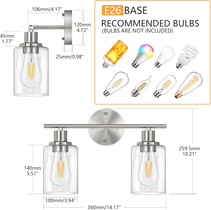 Bathroom Light Fixtures, 2 Light Vanity Light, Silver Wall Sconces Lighting | Modern Bath Wall Mounted Lights with Glass Shade, Porch Wall Lamp for Mirror, Living Room, Bedroom, Brushed Nickel