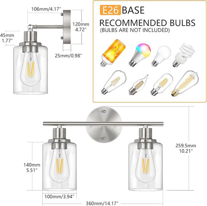 Bathroom Light Fixtures, 2 Light Vanity Light, Silver Wall Sconces Lighting | Modern Bath Wall Mounted Lights with Glass Shade, Porch Wall Lamp for Mirror, Living Room, Bedroom, Brushed Nickel