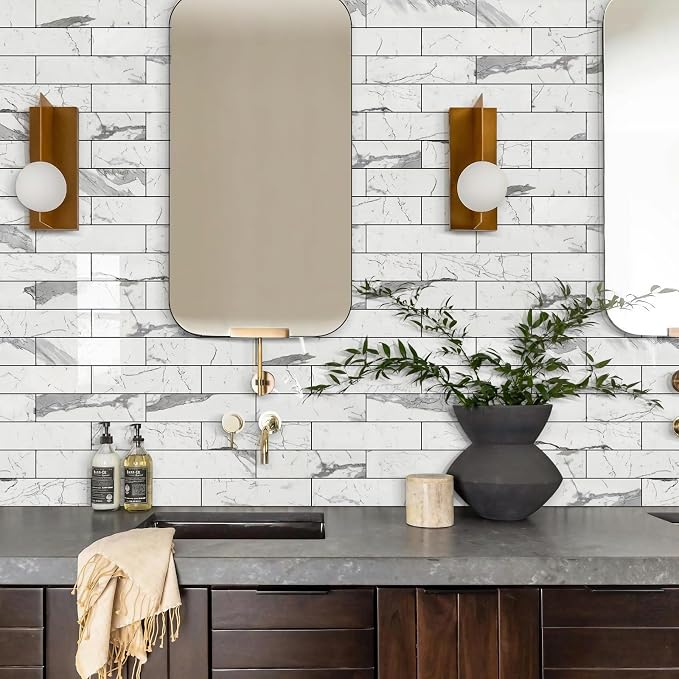 Vamos Tile Peel and Stick Backsplash, Glossy 40-Piece 3''x12'' Subway Tile | Statury White with Dark Gray Grout Wall Tile,PVC Faux Stone Stick on Subway Tiles for Kitchen,Bathroom,Laundry,Camper