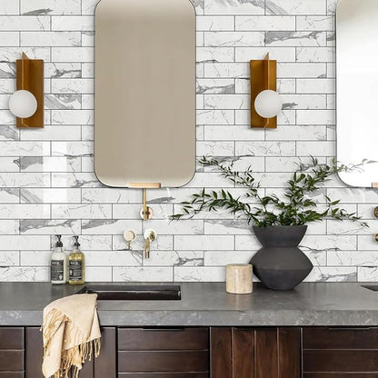 Vamos Tile Peel and Stick Backsplash, Glossy 40-Piece 3''x12'' Subway Tile | Statury White with Dark Gray Grout Wall Tile,PVC Faux Stone Stick on Subway Tiles for Kitchen,Bathroom,Laundry,Camper