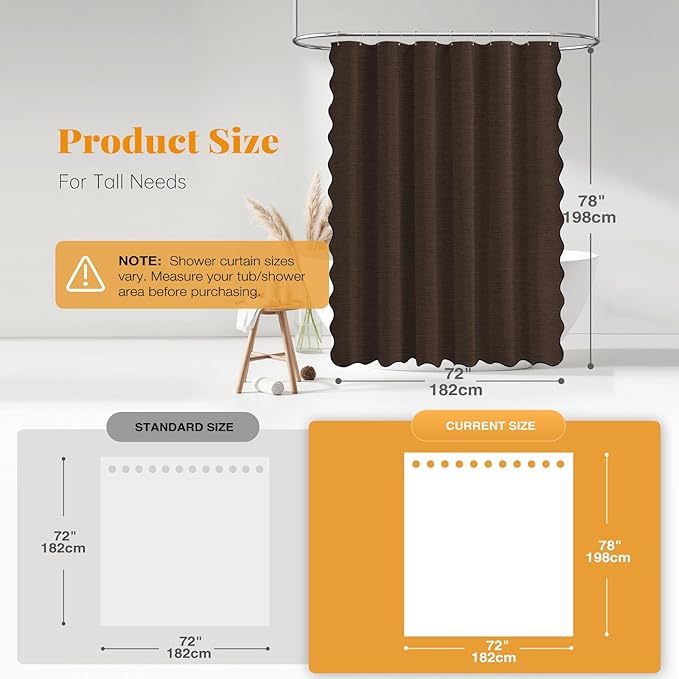BTTN 78 Long Shower Curtain, Scalloped Linen Textured Cute Thick Cloth Shower Curtain Set with 12 Hooks, Elegant Decorative Waterproof Washable Fabric Shower Curtains for Bathroom - 72x78 - Brown
