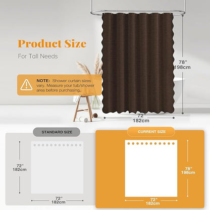 BTTN 78 Long Shower Curtain, Scalloped Linen Textured Cute Thick Cloth Shower Curtain Set with 12 Hooks, Elegant Decorative Waterproof Washable Fabric Shower Curtains for Bathroom - 72x78 - Brown