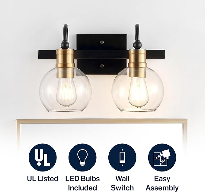 JONATHAN Y 14.5" Black/Brass Gold Vintage Wall Sconce, LED Vanity Light for Bathroom Bedroom Entryway, Clear Glass Globe Shade, Modern Industrial Arched Lamp, LED Bulb Included (JYL3527A)