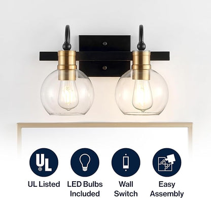 JONATHAN Y 14.5" Black/Brass Gold Vintage Wall Sconce, LED Vanity Light for Bathroom Bedroom Entryway, Clear Glass Globe Shade, Modern Industrial Arched Lamp, LED Bulb Included (JYL3527A)