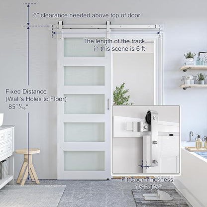 SMARTSTANDARD 34 x 84 in Glass Barn Door with 6FT Silver Sliding Hardware | Brushed Nickel Sliding Hardware Kit & Handle, Pre-Drilled Ready to Assemble, Waterproof PVC Coating, White, 5-Panel Glass