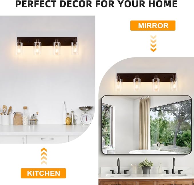 4 Lights Bathroom Light Fixtures Oil Rubbed Bronze Vanity Light with Clear Glass Shade 30in Modern Bathroom Lighting Fixtures Over Mirror for Bedroom/Living Room