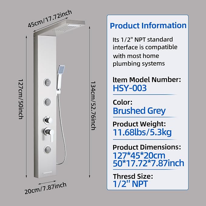 6 in1 Multi-Function Shower Panel Tower System-Brushed Gray | 304 stainless steel Shower Panel Column Tower with Powerful Body Massage, Rainfall, Waterfall,Handheld and Tub Spout