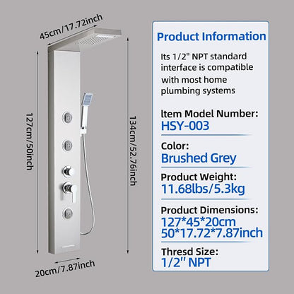 6 in1 Multi-Function Shower Panel Tower System-Brushed Gray | 304 stainless steel Shower Panel Column Tower with Powerful Body Massage, Rainfall, Waterfall,Handheld and Tub Spout