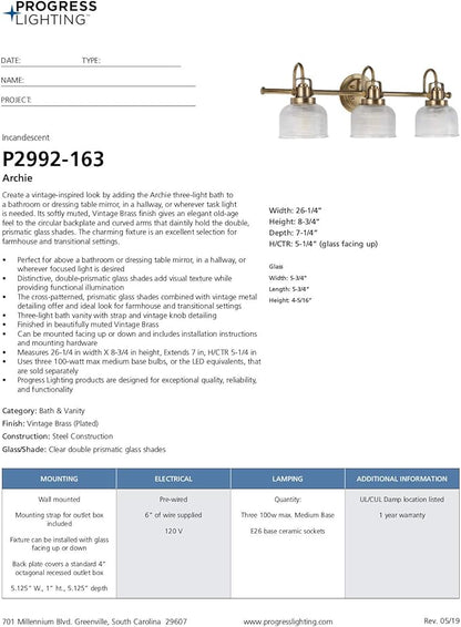 Progress Lighting P2992-163 Archie Collection Clear Double Prismatic Glass Coastal Bath Vanity, 3-Light, Vintage Brass