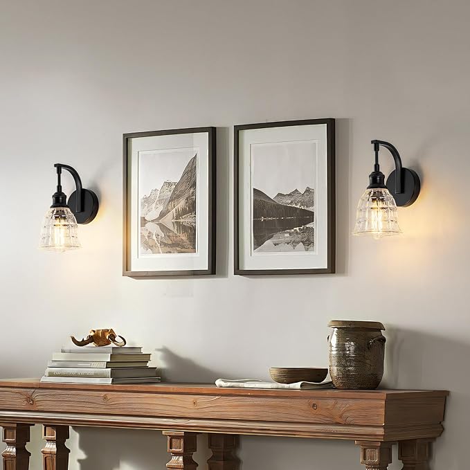 Modern Black Wall Sconce, Bathroom Vanity Fixture with Clear Glass | Vintage Vanity Light for Bathroom, Indoor Wall Lamps for Living Room Bedroom Kitchen Hallway Stairway E26 Hardwire
