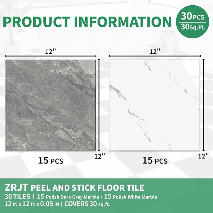 30-Pack Peel and Stick Vinyl Floor Tile Polish 12” x 12”, Self Adhesive Flooring Planks for Bathroom, Renters, Kitchen, Dark Grey&White Marble (15 per Color)