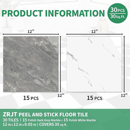 30-Pack Peel and Stick Vinyl Floor Tile Polish 12” x 12”, Self Adhesive Flooring Planks for Bathroom, Renters, Kitchen, Dark Grey&White Marble (15 per Color)