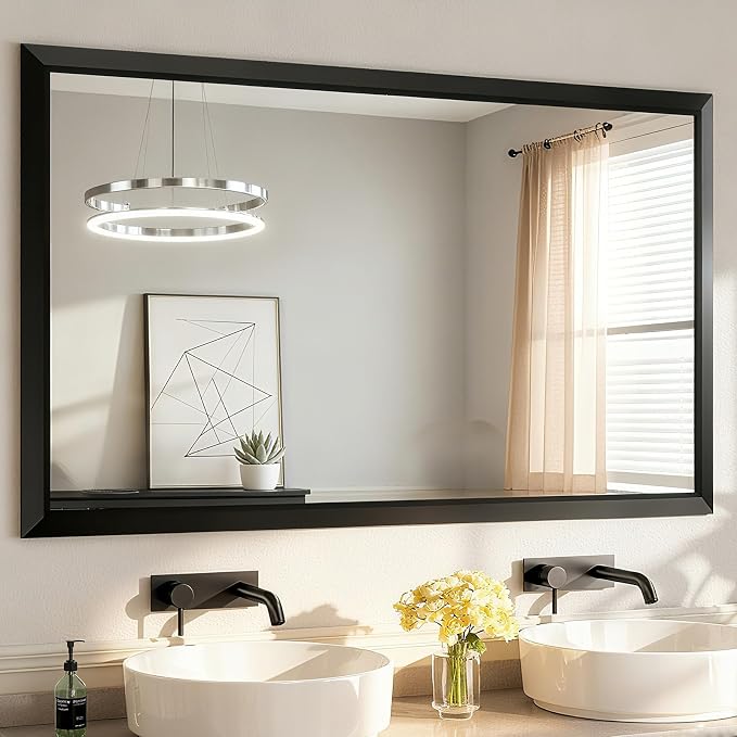 SMIROR 60x40 Matte Black Bathroom Vanity Mirror for Over Sink | Metal Wide Frame, Rectangle, Right- Angle Corner, Anti-Rust, Horizontally or Vertically Wall- Mounted for Home Remodel