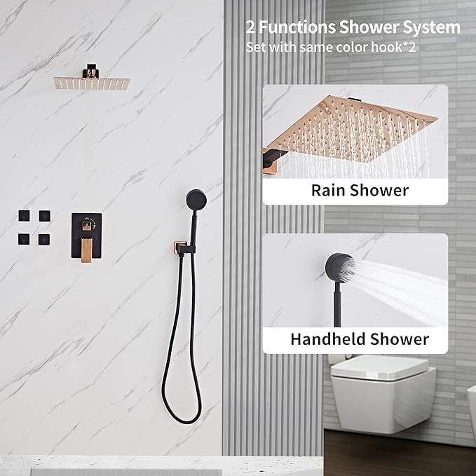 Black Gold Rainfall Shower Head, Wall Mounted 12 Inch Shower Heads with Handheld Spray Combo, Luxury Bathroom Square Rain Shower System, Solid Brass Pressure Balancd Shower Faucet Valve
