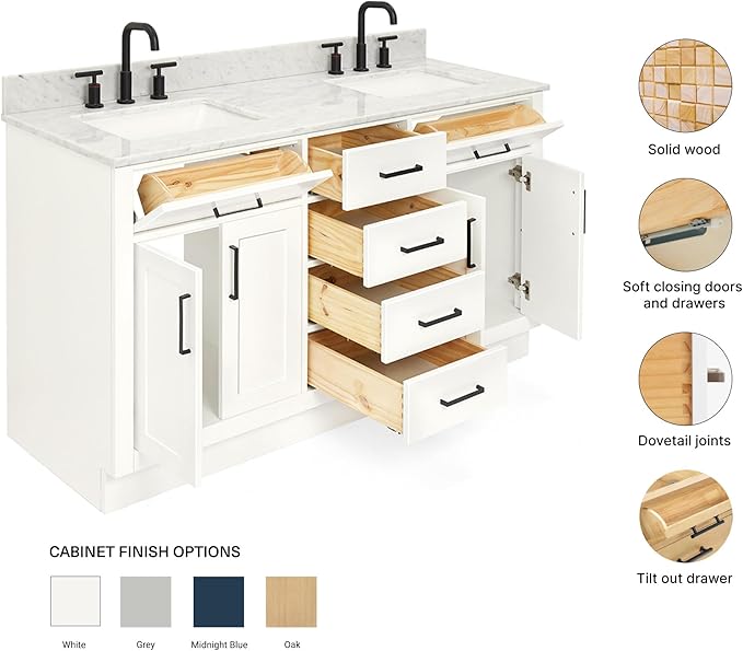ARIEL Hepburn 60-inch Bathroom Vanity with Sink,Solid Wood, 0.75-inch Italian Carrara Marble Countertop, Double Rectangular Porcelain Sink, 4 Soft Closing Doors, 6 Dovetail Drawers, White