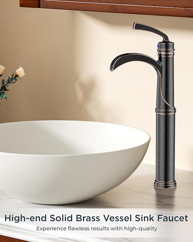 Forious Bathroom Faucets Oil Rubbed Bronze, Tall Waterfall Bathroom Faucet Single Handle One Hole Deck Mount Vessel Bathroom Sink Faucet Bowl with Metal Pop Up Drain and Supply Lines