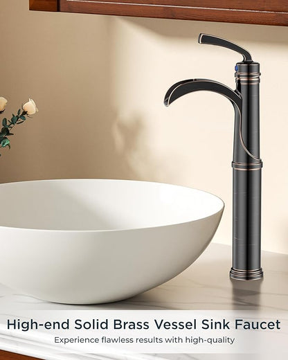 Forious Bathroom Faucets Oil Rubbed Bronze, Tall Waterfall Bathroom Faucet Single Handle One Hole Deck Mount Vessel Bathroom Sink Faucet Bowl with Metal Pop Up Drain and Supply Lines