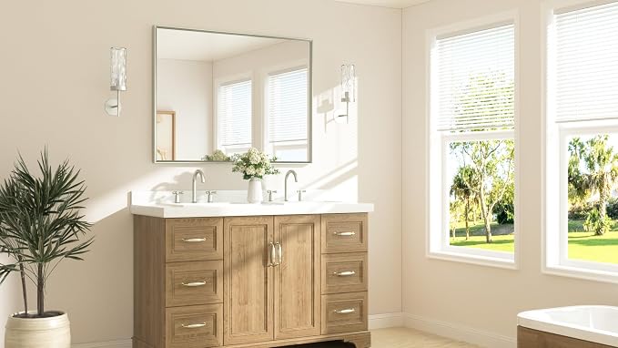 Brushed Nickel Bathroom Vanity Mirror 48" x 36" Beveled Framed Bathroom Wall Mirror for Over Sink Brushed Nickel, Tempered Glass, Modern Farmhouse Bedroom, Entryway, Living Room