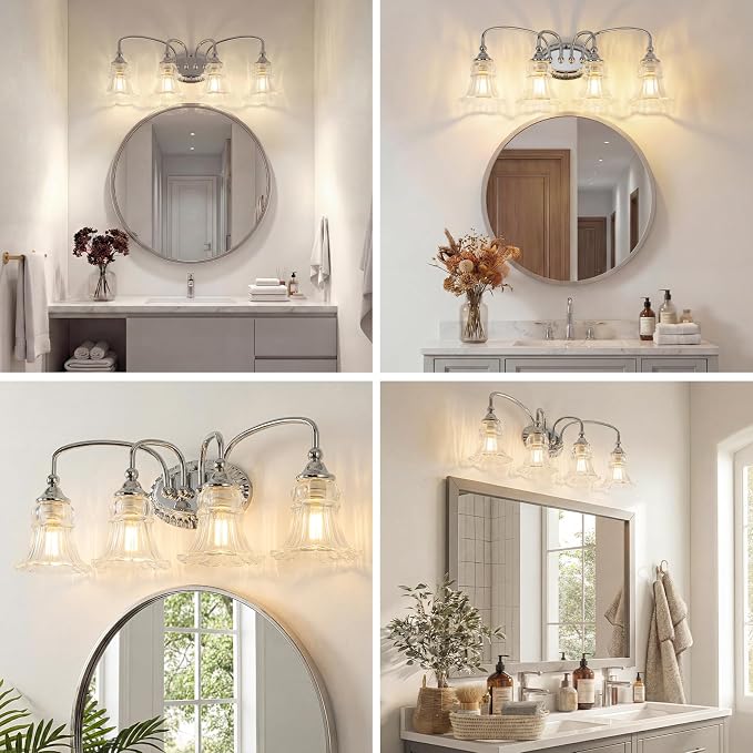 4-Light Vintage Bathroom Light Fixtures, Chrome | Vanity Lights Over Mirror with Floral Glass Shade for Bathroom Powder Room, Living Room Hallway