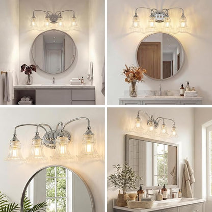 4-Light Vintage Bathroom Light Fixtures, Chrome | Vanity Lights Over Mirror with Floral Glass Shade for Bathroom Powder Room, Living Room Hallway