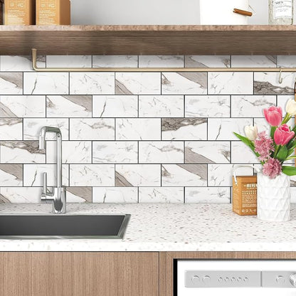 Peel and Stick Backsplash Tile for Kitchen & Bathroom Walls (Polished Carrara Marble, 10 Tiles - 9.7 sq. ft. (0.9 m²))