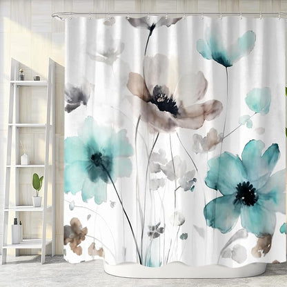 Sanzugh Boho Floral Shower Curtain, Cream Tan Beige Teal Grey White Flower Farmhouse Fabric Shower Curtains Set for Bathroom Decorative with Hooks 72 X 78 inch Spring Bath Decor