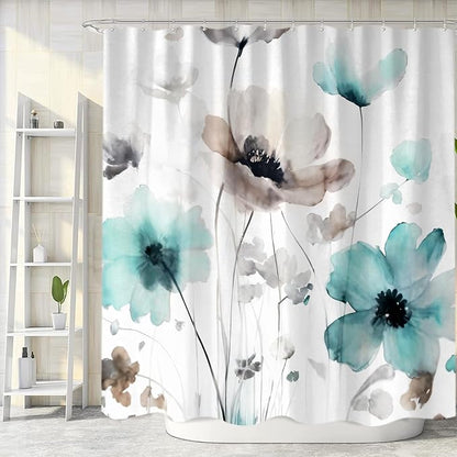 Sanzugh Boho Floral Shower Curtain, Cream Tan Beige Teal Grey White Flower Farmhouse Fabric Shower Curtains Set for Bathroom Decorative with Hooks 72 X 72 inch Spring Bath Decor