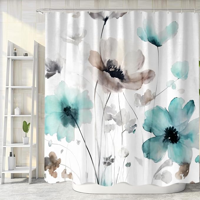 Sanzugh Boho Floral Shower Curtain, Cream Tan Beige Teal Grey White Flower Farmhouse Fabric Shower Curtains Set for Bathroom Decorative with Hooks 60 X 72 inch Spring Bath Decor